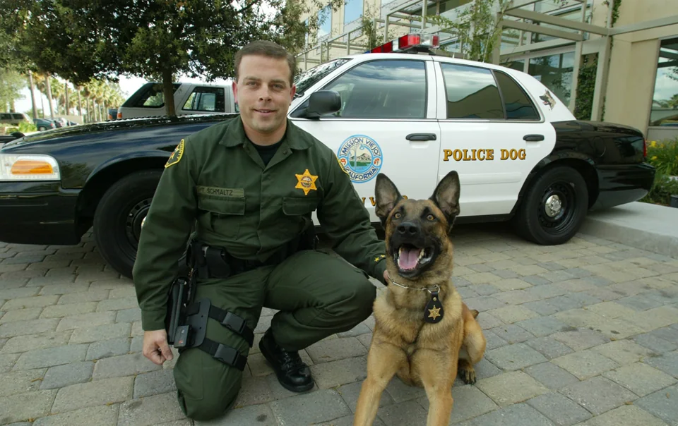 Police K-9 handler and working dog beside a Mission Viejo Police vehicle